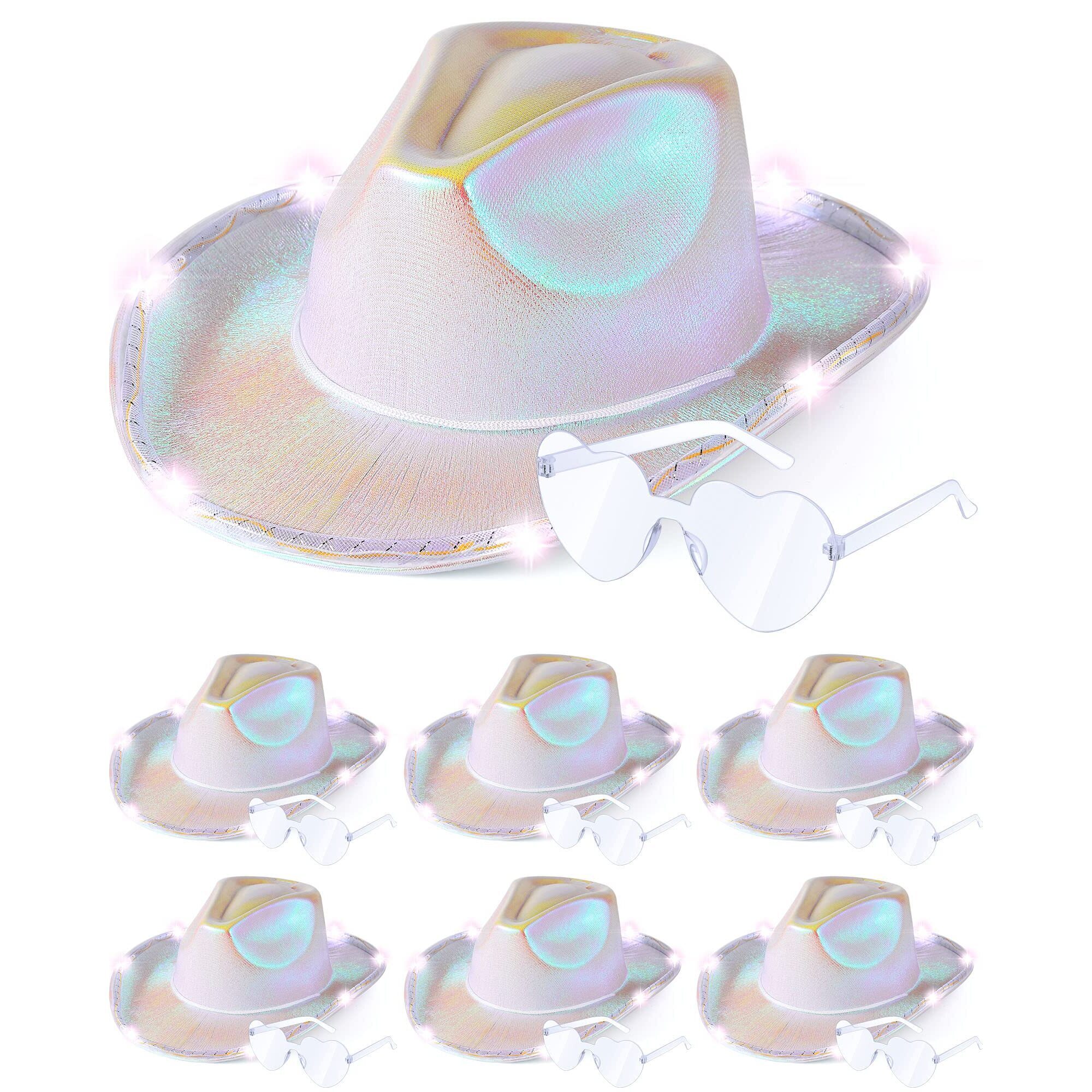 3944 12 Pcs Light Holographic Space Cowgirl Hat And Heart Shape Sunglasses Led